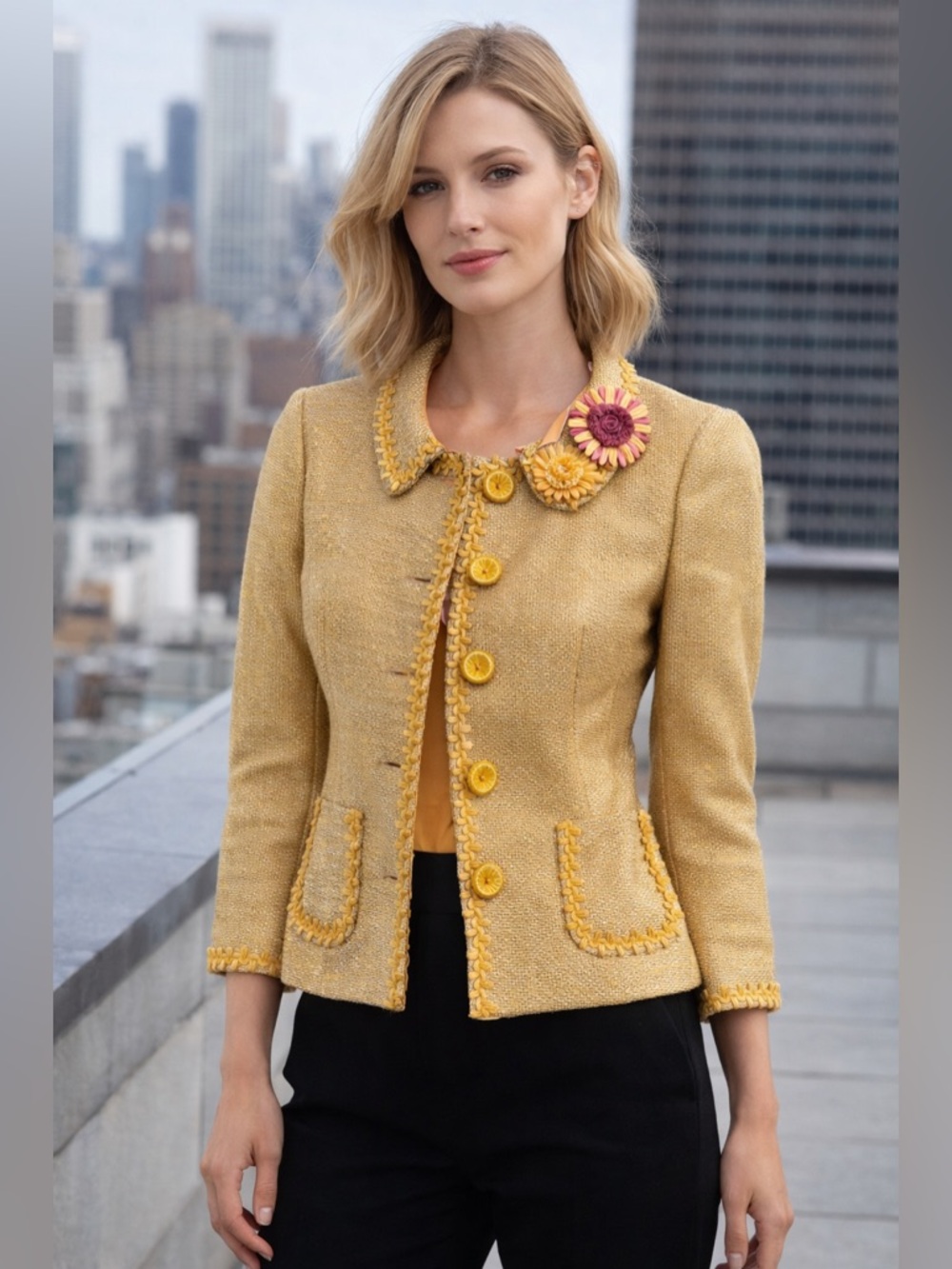 Moschino Yellow Tweed Floral-Accent Blazer